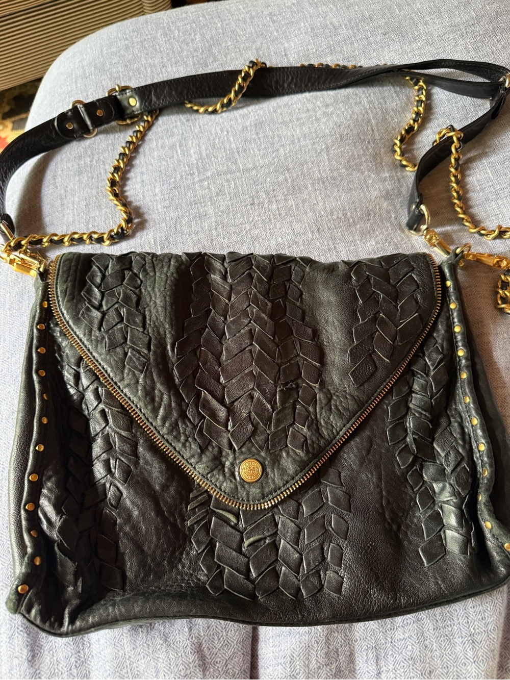 Rebecca Minkoff Black Braided Leather Crossbody with Gold Chain